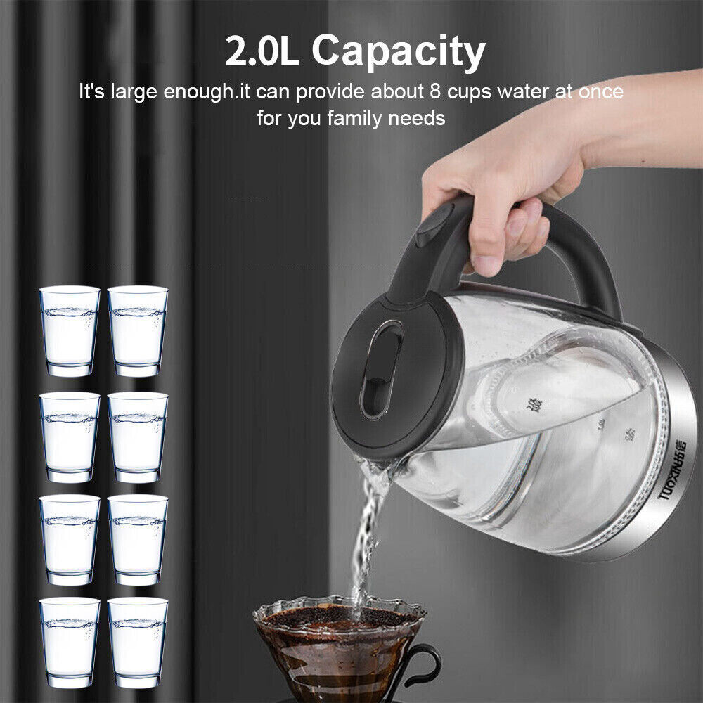 2L Electric Kettle Glass 360 Blue LED