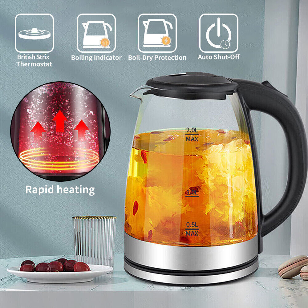 2L Electric Kettle Glass 360 Blue LED