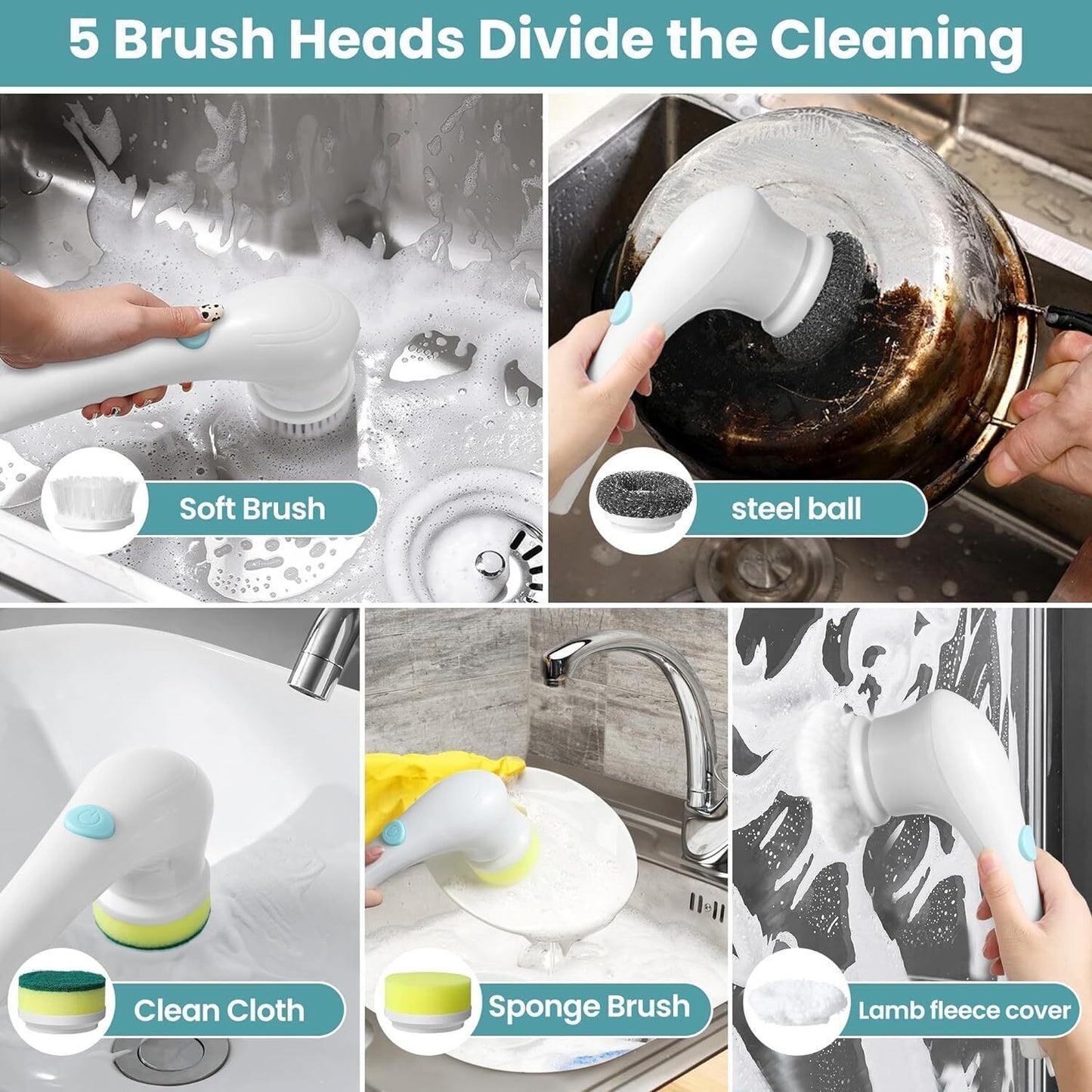 5 In 1 Handheld Electric Spin Scrubber Cleaning Brush