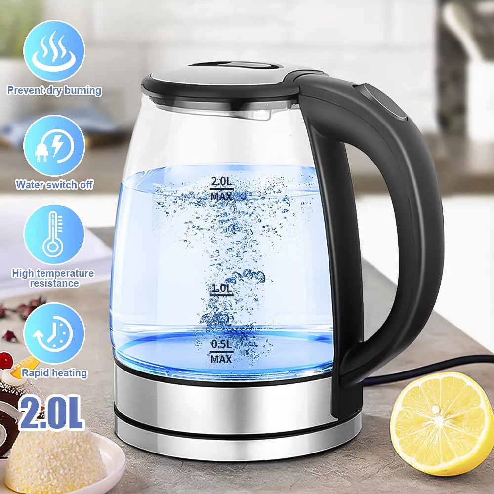 2L Electric Kettle Glass 360 Blue LED