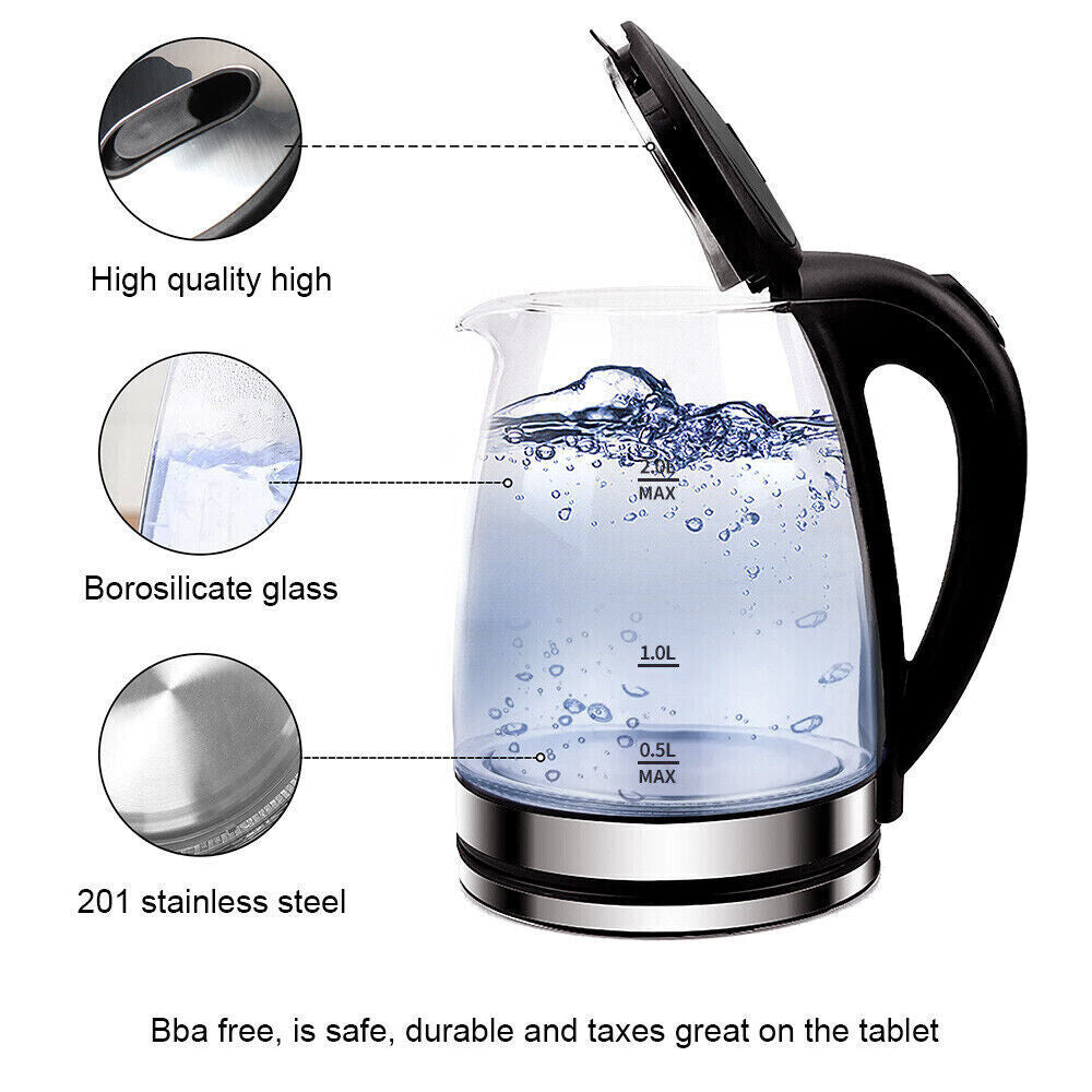 2L Electric Kettle Glass 360 Blue LED