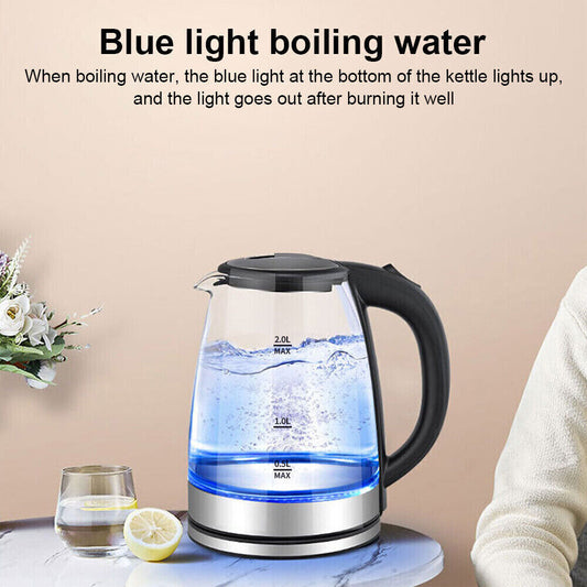 2L Electric Kettle Glass 360 Blue LED