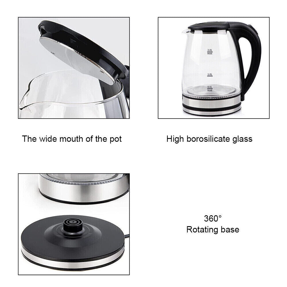 2L Electric Kettle Glass 360 Blue LED